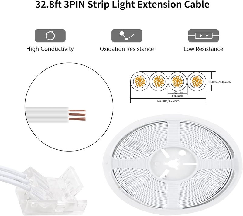 RGBZONE 3 Pin 8mm LED Connector Kit with 10pcs LED Connectors and 32.8ft 3 Pin Extension Wire for 8mm IP20 IP65 SMD 5050 Dream Color LED Strip Lights WS2811 WS2812B - Image 5